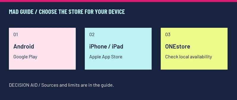 CHOOSE THE STORE FOR YOUR DEVICE: Android — Google Play; iPhone / iPad — Apple App Store; ONEstore — Check local availability